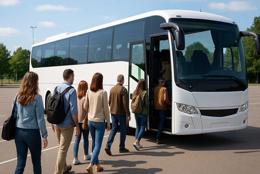 Gruppresenärer som går ombord på en bokad buss i Borås