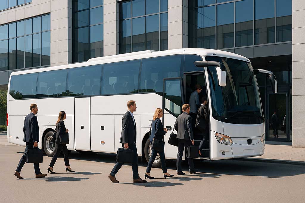 Medarbetare som kliver på bussen för en företagsresa