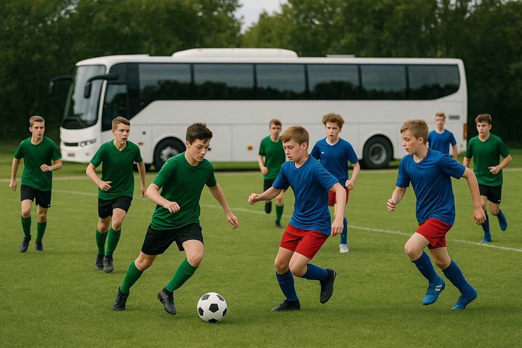 Ett fotbollslag som poserar framför en idrottsbuss