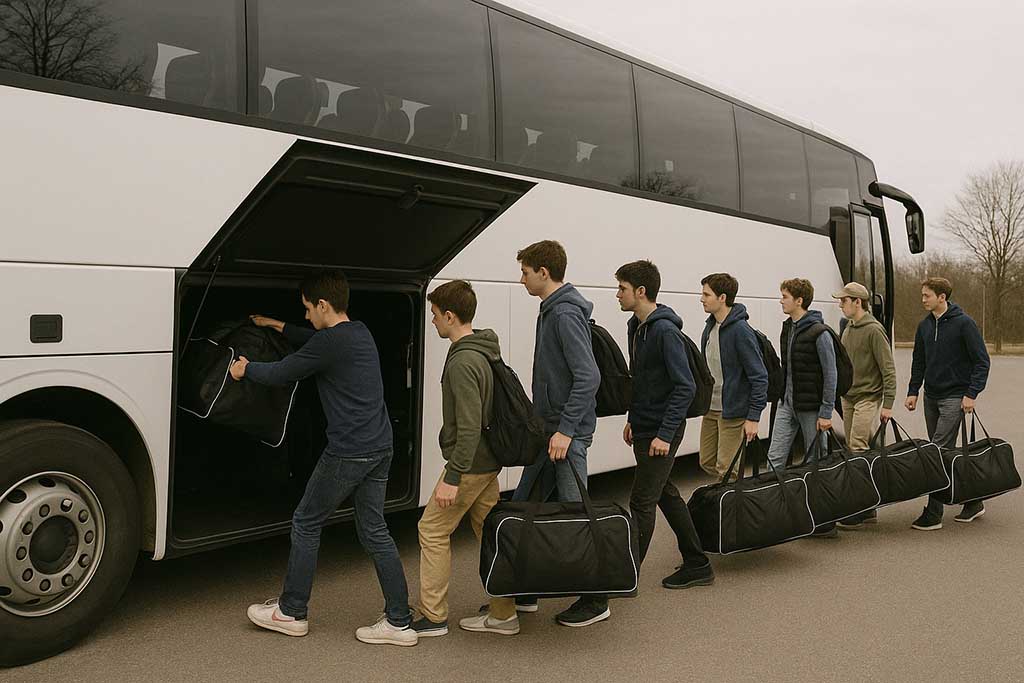 Hockeylag som lastar på sina trunkar på en idrottsbuss