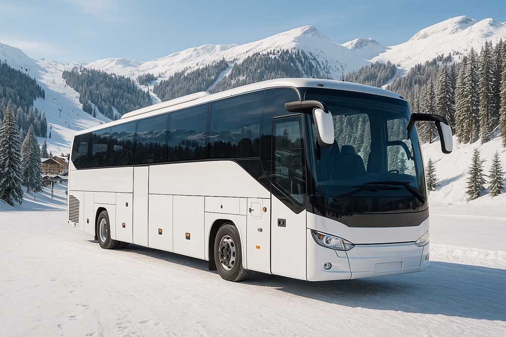 Buss parkerad på skidort