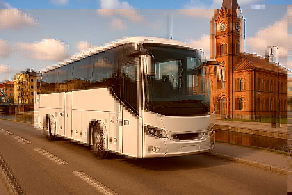 Modern turistbuss parkerad i Södertälje